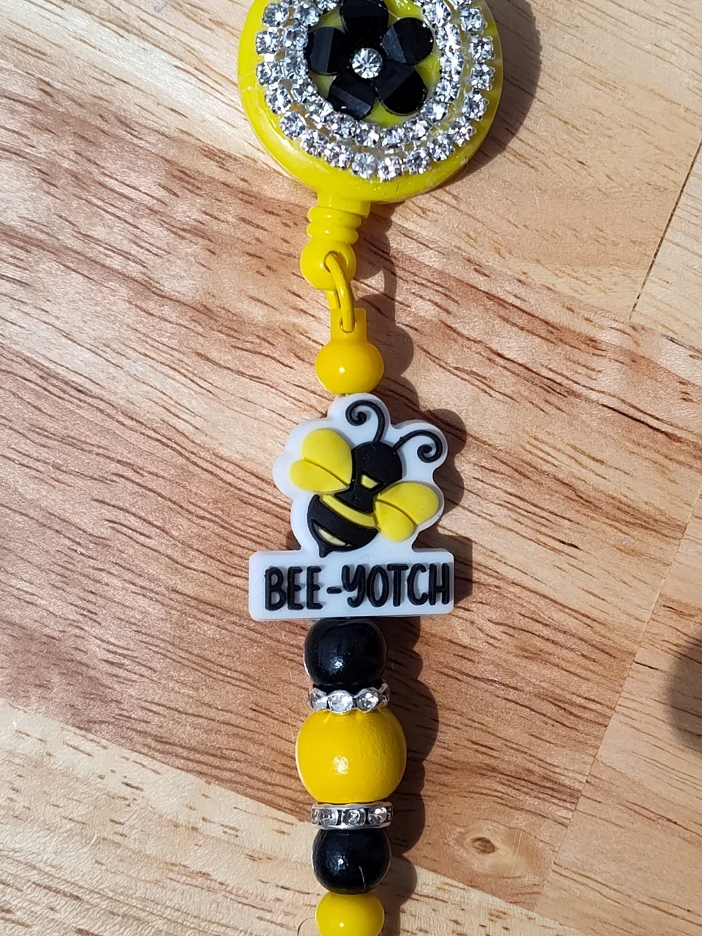 Bee-Yotch Yellow & Black Beaded Badge Reel With Rhinestone Accents